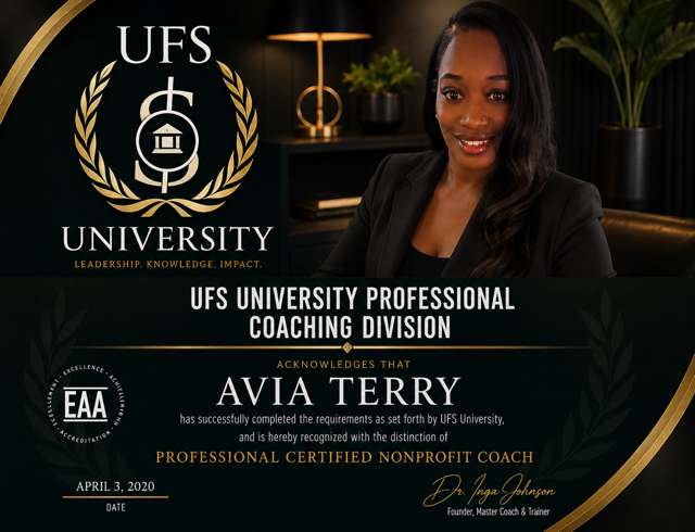 UFS University professional nonprofit coaching certification for Avia Terry